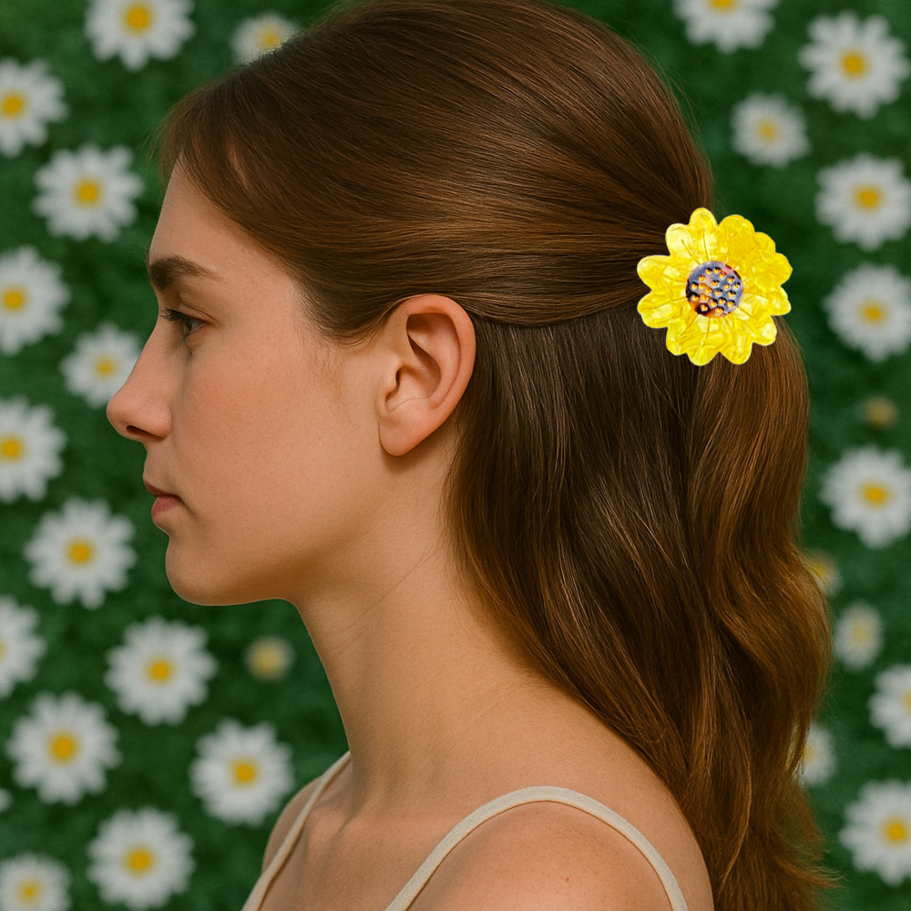 Yellow soft daisy hair claw clamp by Alorar, featuring a floral design and secure grip for stylish hair styling.